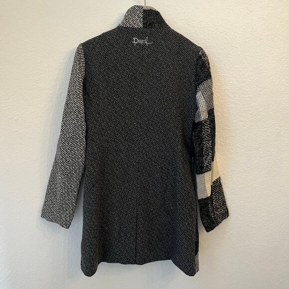NWT Desigual Wool Blend Coat Womens 4 Tweed Embroidered Plaid Artsy Jacket Pea - Picture 9 of 16